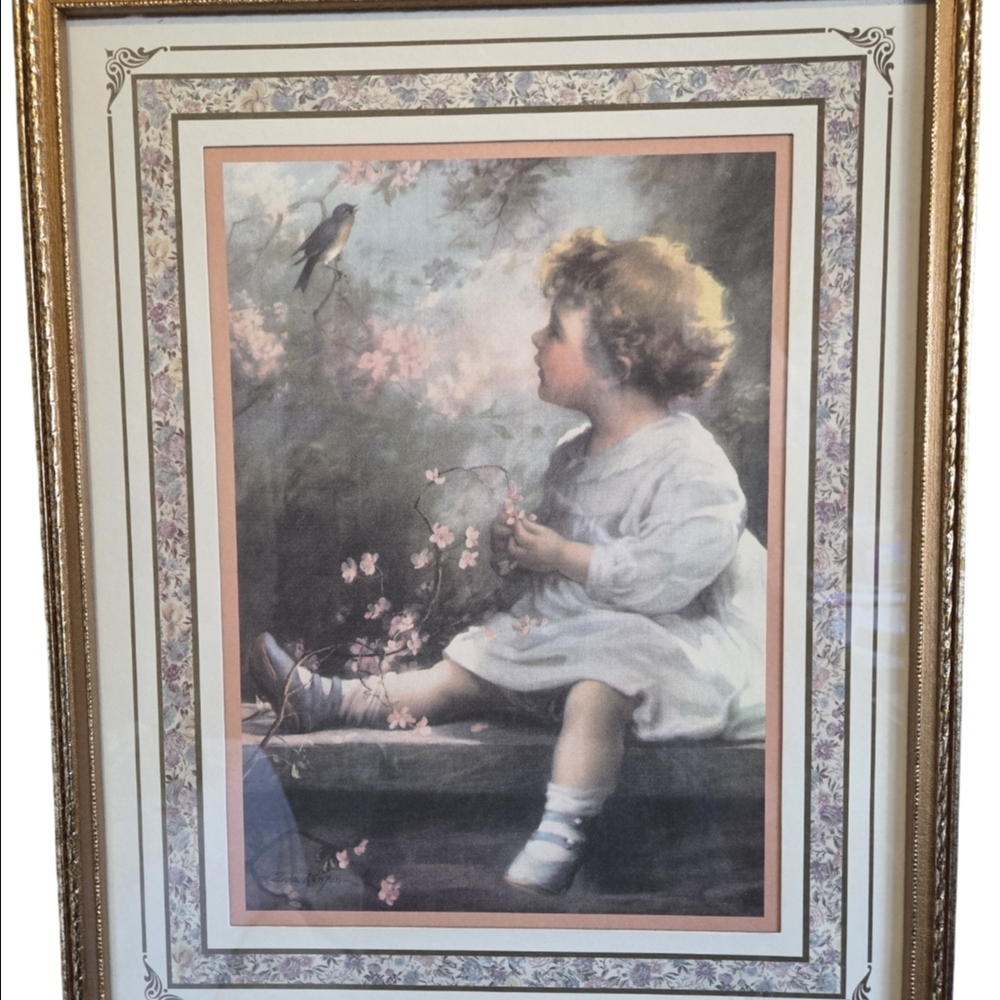 Vintage Gold and Cream Framed Child and Bird Art.